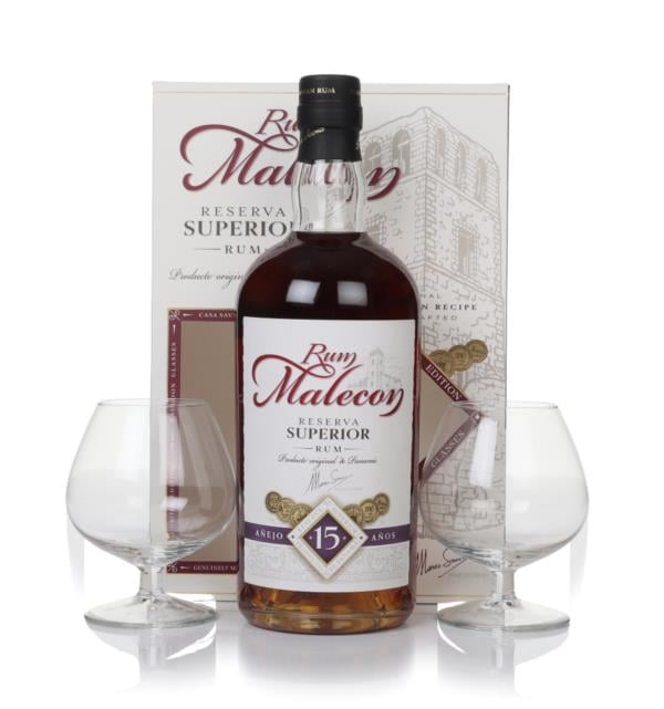 Malecon 15 Year Old Reserva Superior Gift Set with 2x Glasses Dark Rum