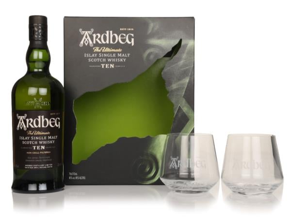 Ardbeg 10 Year Old Gift Set with 2x Glasses (No Box / Torn Label) Single Malt Whisky